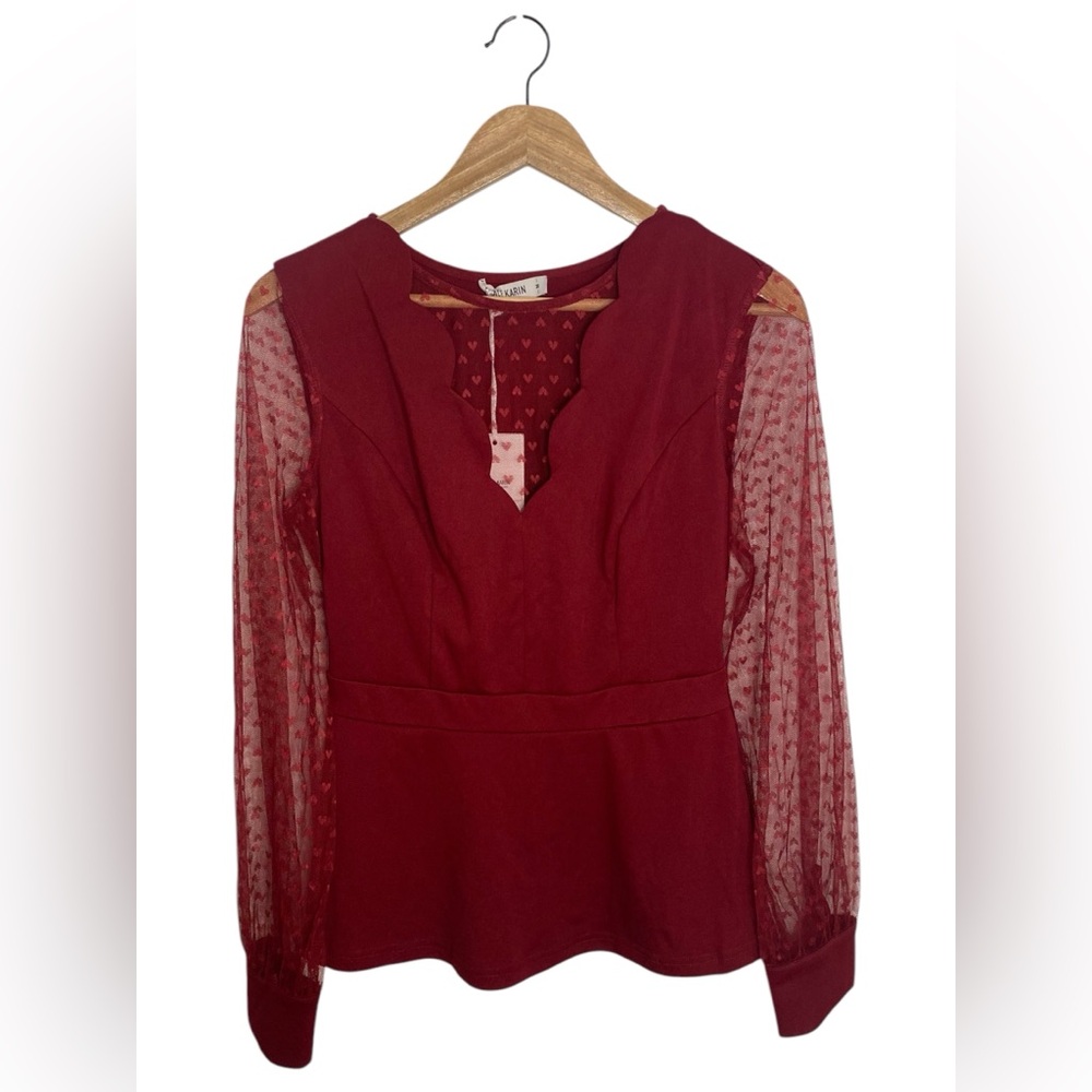 Grace Karin‎ | NWT medium red blouse with mesh accents and heart details